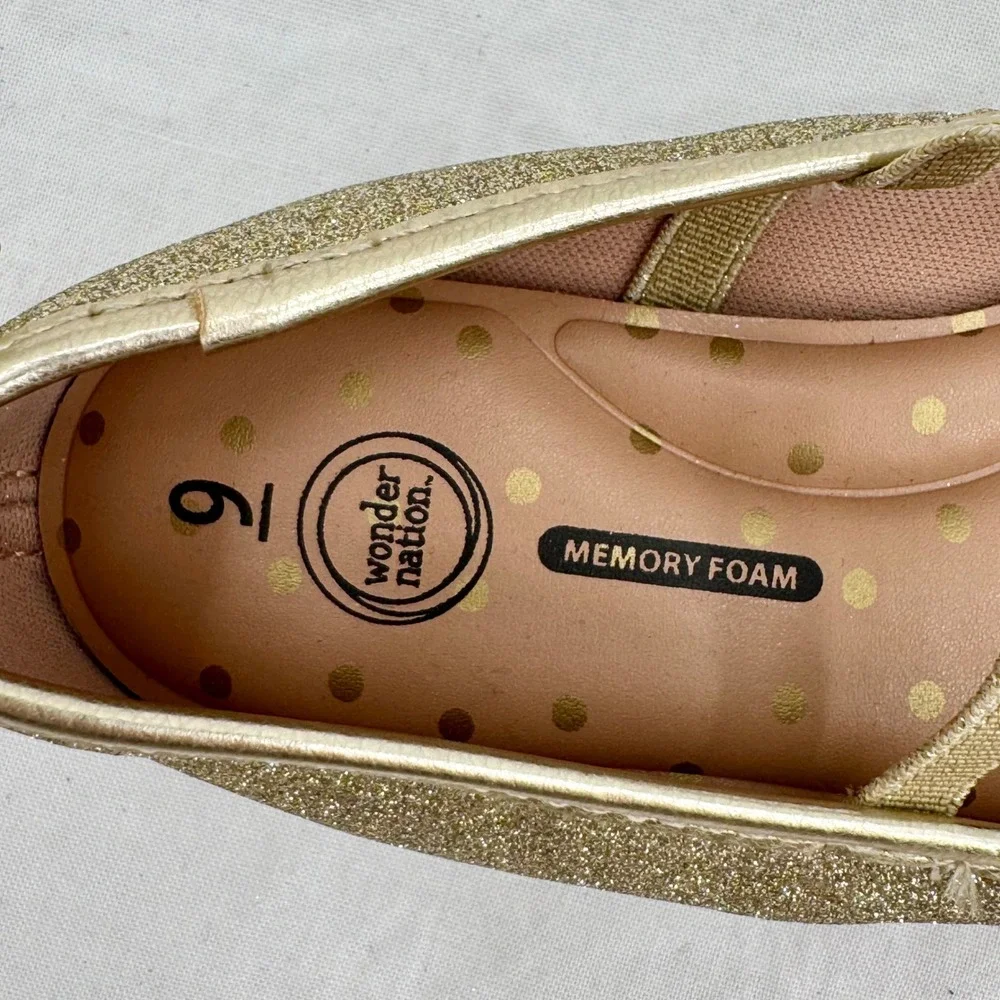 Toddler Gold Glitter Mary Jane Flats Size 9 Memory Foam Bow Heel Coquette Girls